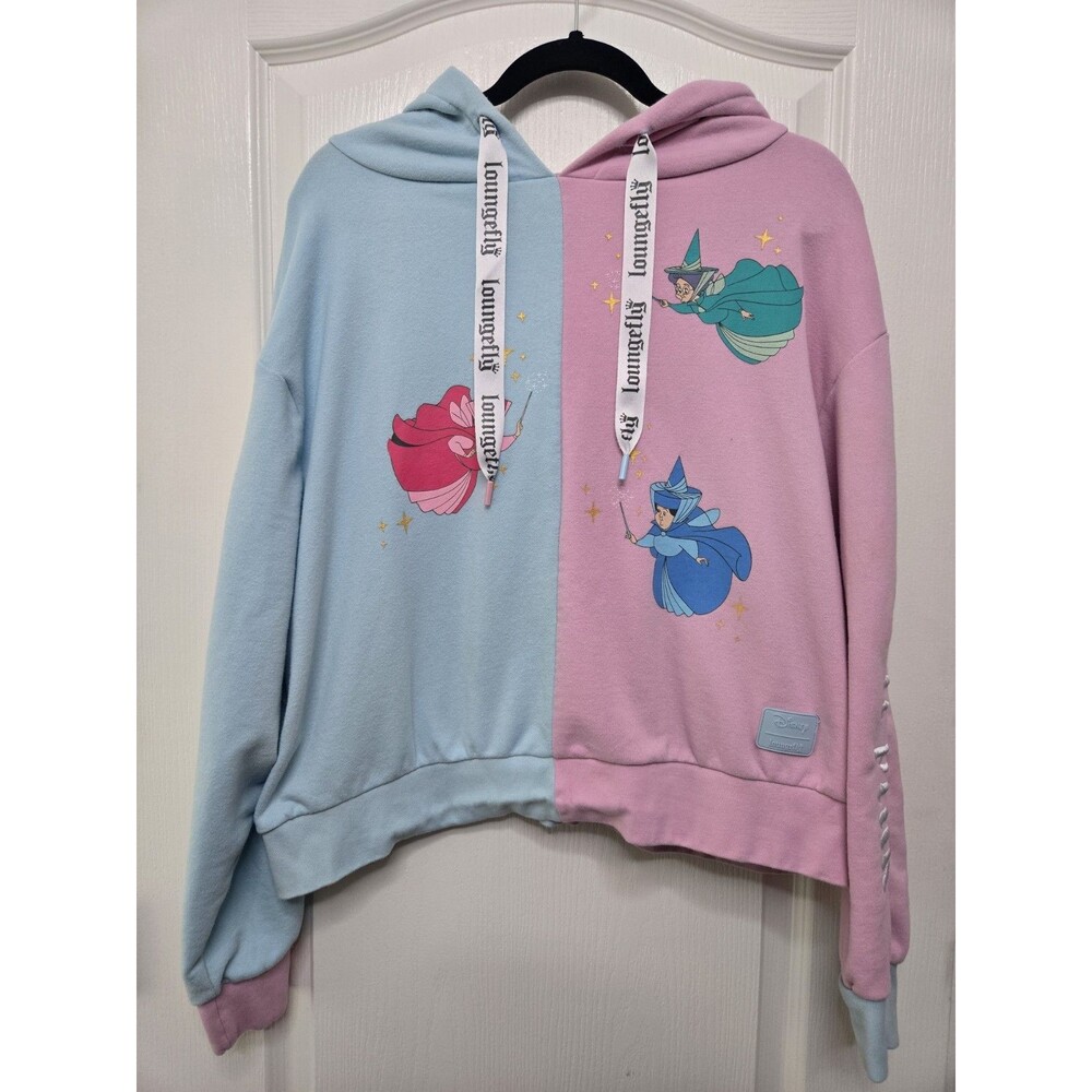 Loungefly Womens Disney Sleeping Beauty Make It Pink Blue Crop Hoodie Size 2X